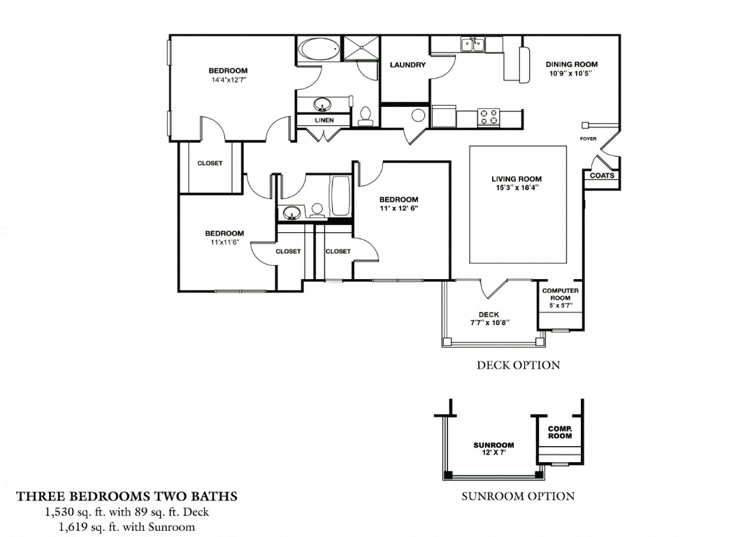 Floor plan for 3 beds, 2 baths, 1530 sqft
